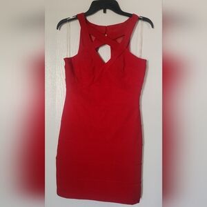 Elegant Red Halter Style Dress. Fitted With Open Back, 2 Button Neck Close.